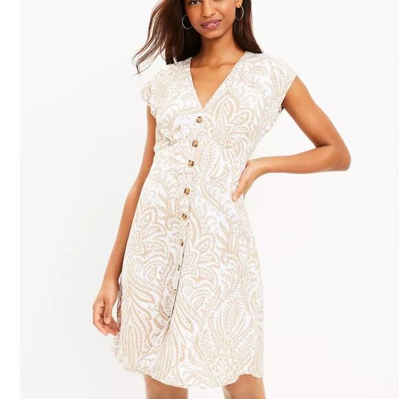 Loft Women Short Sleeve Linen Blend Button Front Dress 6 Tan Cream Floral V Neck - Picture 1 of 11